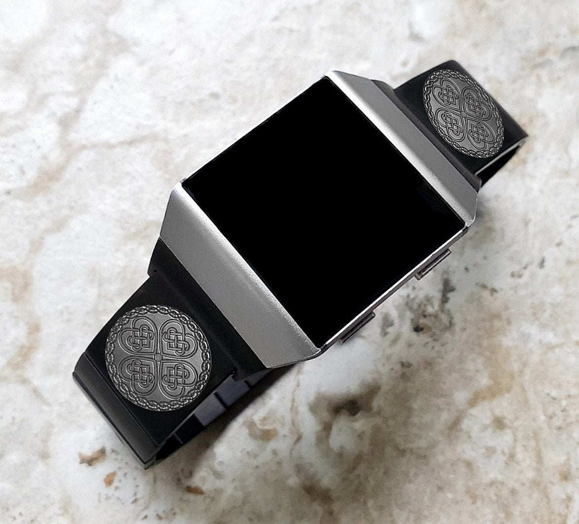 Engraved Watch Band Compatible with Fitbit Ionic Smartwatches Black Color Stainless Steel Bracelet Strap with Quick Release Adapters CC3